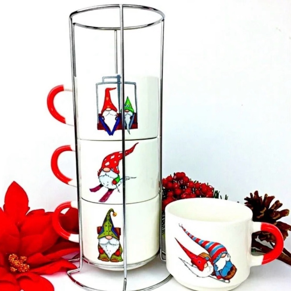 Set of 4 Christmas Gnomes Ceramic Stackable Coffee Mugs with Holder Prima Design